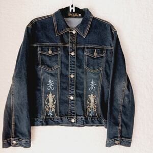 Jacket Women CAL Fashion Black Jeans Embroidery Rhinestone Bomber Button Size XL